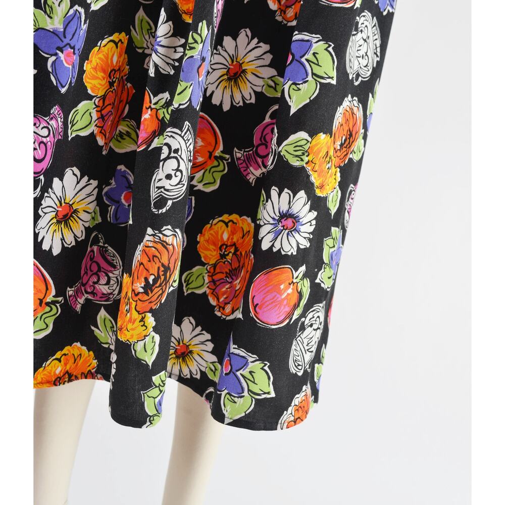 Vintage Cute Floral Vase Pottery Print Full Pleated Midi Skirt with Pockets M - Picture 6 of 9